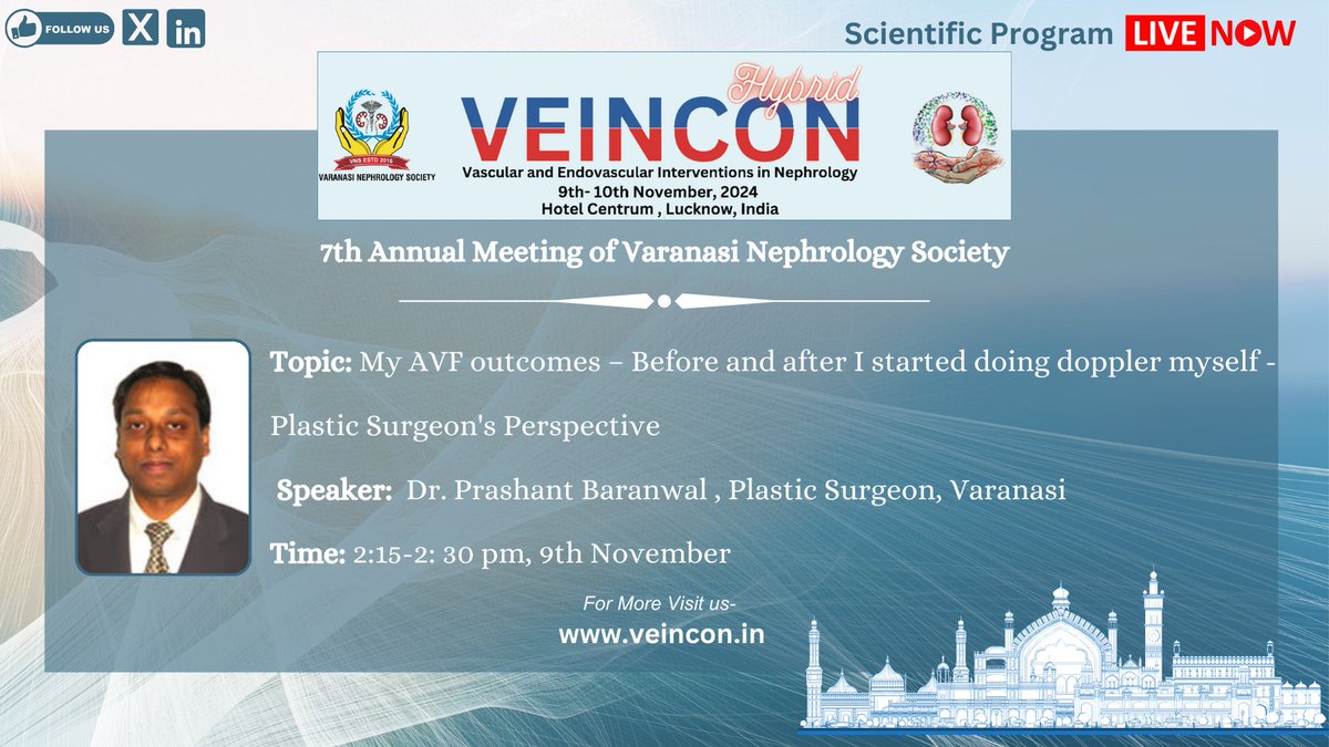 🌐 Virtual Highlight at #VEINCON2024!

Session 5: Managing Long-Term AV Access features Dr. Masaaki Murakami on AV Access Beyond a Decade, plus insights from Dr. Vel Arvind on AVF Aneurysms and Dr. Prashant Baranwal on AVF outcomes with self-doppler.
🗓️ Nov 9, 2:00 PM  #Dialysis