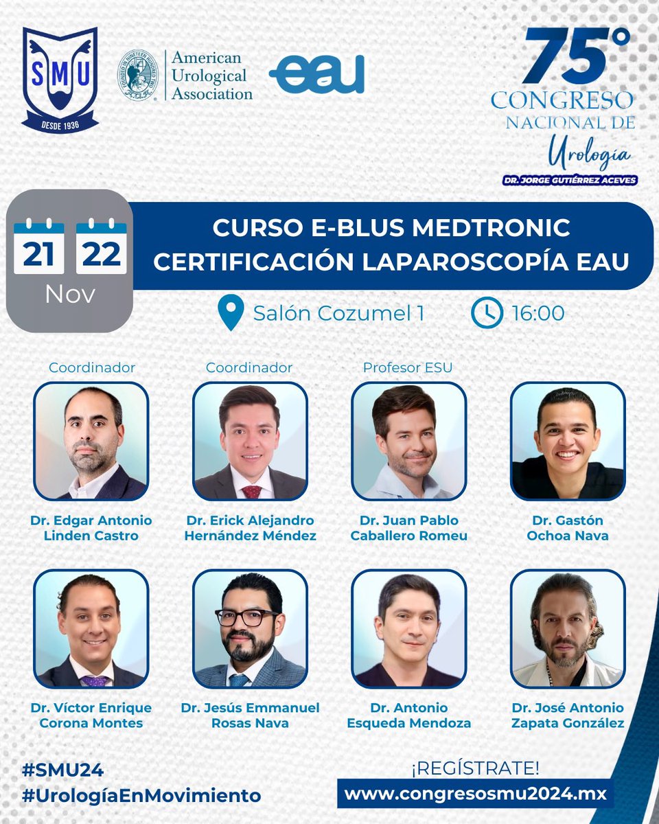 Dentro de las actividades de #SMU24, los invitamos a ser parte de:

📌 Curso E-BLUS - Medtronic Certificación en Laparoscopía avalada por <a href="/UrowebESU/">European School of Urology (EAU ESU)</a> 

Cupo limitado a 20 participantes.
Registro 👉🏻 congresosmu2024.mx

¡Nos vemos en Cancún! 🙌🏻🏝️🌊☀️

#UrologíaEnMovimiento