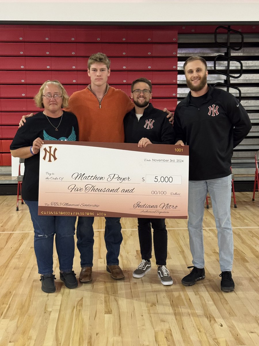 Congratulations to <a href="/NitroGold2025/">Indiana Nitro Gold 2025</a> RHP <a href="/Matt_Poyer/">Matthew Poyer</a> for being selected as one of our two $5,000 scholarship winners for our Annual TB3 Memorial awards.

Pictured (L-R):  Robyn Badger (TB3’s mother), Matthew Poyer, Nitro Board Members Mitch Gibson and Brock Burns.
￼