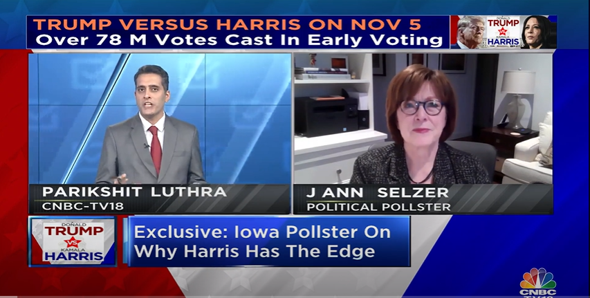 CNBCTV18News's tweet photo. #CNBCTV18Exclusive | "Abortion issue is big in #Iowa, #Trump is also running a negative campaign. He is also divisive, people seem to have had enough of that", said @jaselzer on the #IowaPoll. 

She also explains why this is the biggest poll drop of her lifetime. 

Tune in for this exclusive conversation: https://t.co/u5x0LMm9yY 

@shereenbhan @parikshitl | #USElections2024 #USElectionWatch #USElections