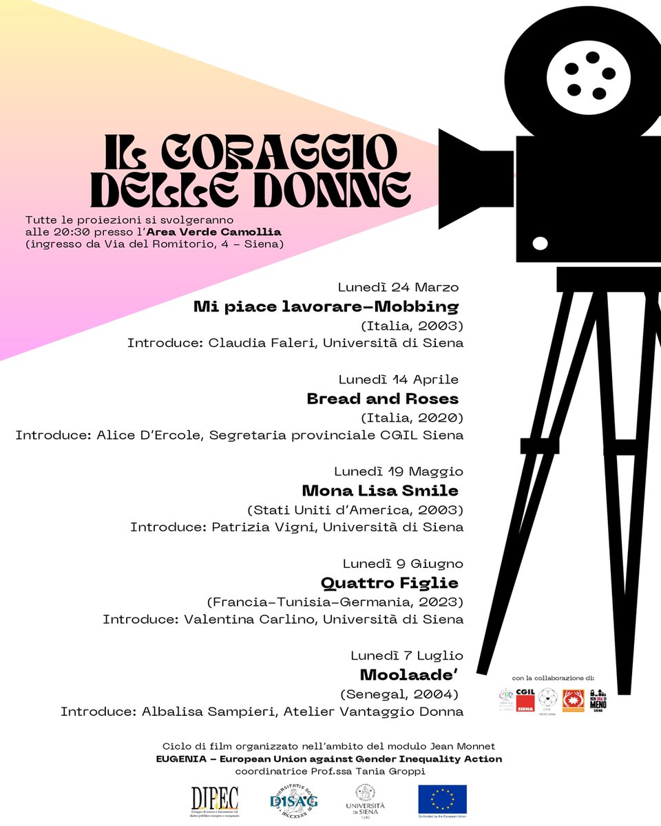 Inizia oggi con la proiezione del film "Suffragette" il ciclo "Il coraggio delle donne", nell’ambito del modulo Jean Monnet EUGENIA, coordinato da <a href="/GroppiTania/">Tania Groppi @taniagroppi.bsky.social</a>. L'incontro si tiene alle 20:30 presso l’Area Verde Camollia, con ingresso da Via del Romitorio 4 - Siena
<a href="/unisiena/">Università di Siena</a>
