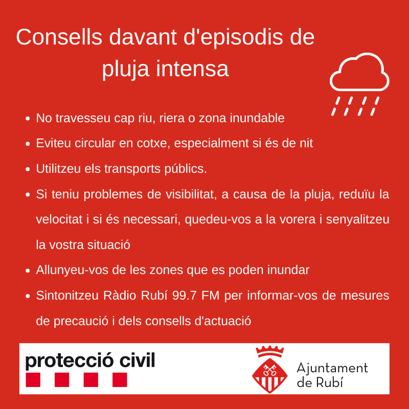 🌧️Activat el Pla de Protecció Civil en fase d’alerta per episodi de pluges intenses

📣 Se suspenen totes les activitats extraescolars i es recomana evitar els desplaçaments innecessaris

➡️ ow.ly/gmmW50TZ8sz

#rubicity