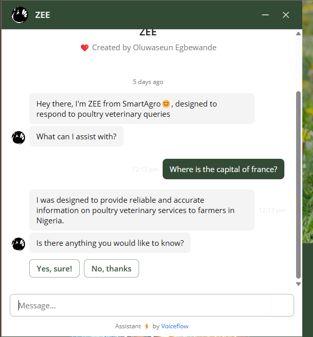 AYO_0309's tweet photo. Meet ZEE, my very first chatbot 😊 built to answer questions on poultry diseases. 
Excited about this and I look forward to creating more 😁 
Let's go! 💪 
#myveryfirstchatbot #thecontentcrafter #computerscientist #aiaficionado #oluwaseunegbewande #zee #poultrydiseases https://t.co/S0Y6Pq4N9b