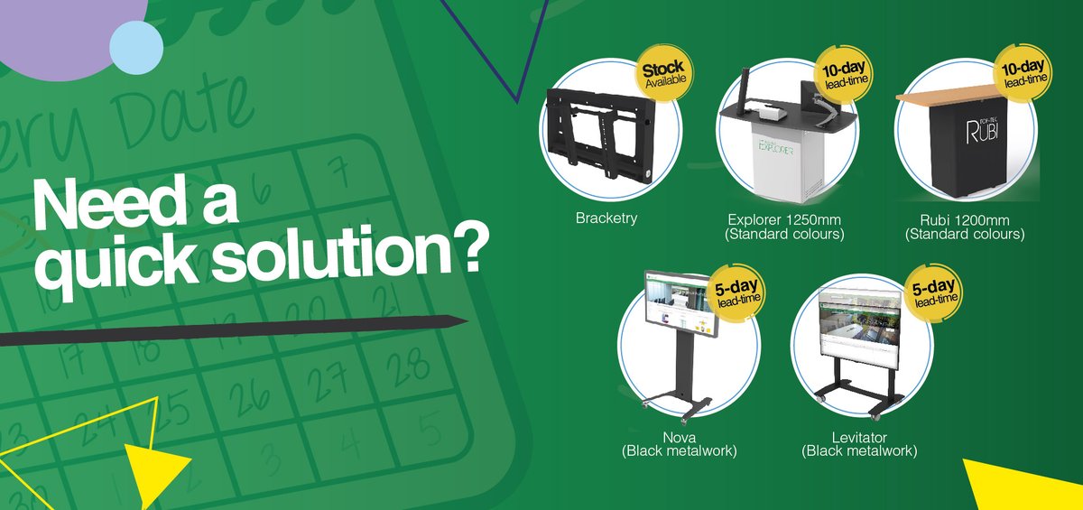 Just as a reminder, we are offering swift 5 and 10 day lead times for some of our most popular solutions! 

If you require a quick solution for your project, feel free to contact us at sales@dalen.co.uk

#Leadtime #AV #EdTech