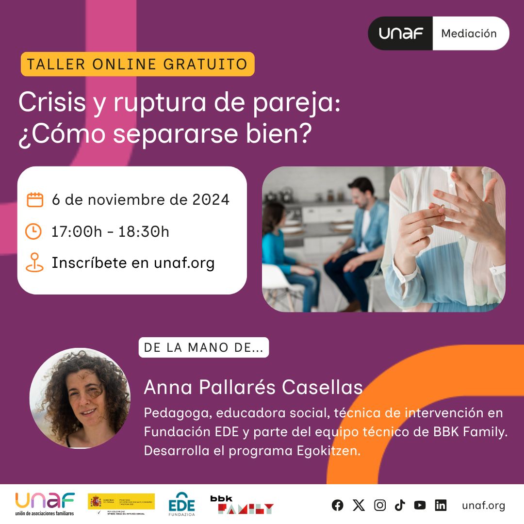 Mediación Familiar (@mediacionunaf) on Twitter photo ¿Qué mitos o miedos están presentes en los procesos de separación y divorcio? ¿Cuáles son las reacciones de los niños y niñas? ¿Y las herramientas para minimizar los conflictos?
🗣️ Anna Pallarés de <a href="/EDEfundazioa/">EDE Fundazioa</a> #BBKFamily responde el #6nov.
✍️Inscríbete unaf.org/eventos/crisis… ¿Qué mitos o miedos están presentes en los procesos de separación y divorcio? ¿Cuáles son las reacciones de los niños y niñas? ¿Y las herramientas para minimizar los conflictos?
🗣️ Anna Pallarés de <a href="/EDEfundazioa/">EDE Fundazioa</a> #BBKFamily responde el #6nov.
✍️Inscríbete unaf.org/eventos/crisis…