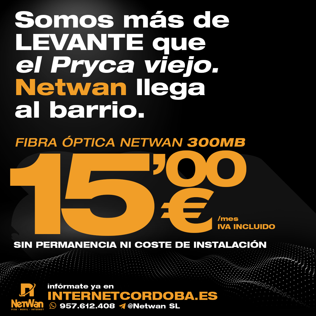 netwansl's tweet photo. ¡Bajamos los precios en el barrio!
Fibra óptica 300MB por solo 15,00 €/mes IVA incluido.
➡️Sin: fijo, permanencia, costes de instalación.
Oferta sujeta a disponibilidad geográfica.
#NetWan #FibraÓptica #Internet #ConexiónAlBarrio #Córdoba #Levante #LevanteCórdoba #DeBarrio https://t.co/vvlWYdVdlJ