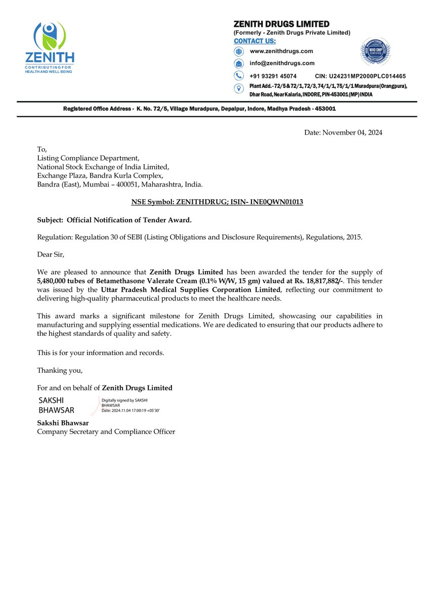 nileshkurhade's tweet photo. 📌 Zenith Drugs Limited informed the exchange about a tender awarded for the supply of 5,480,000 tubes of Betamethasone Valerate Cream (0.1% W/W, 15 gm) valued at ₹18,817,882. #SME #ZENITHDRUG 💊📈 https://t.co/NjU7jYKRtc
