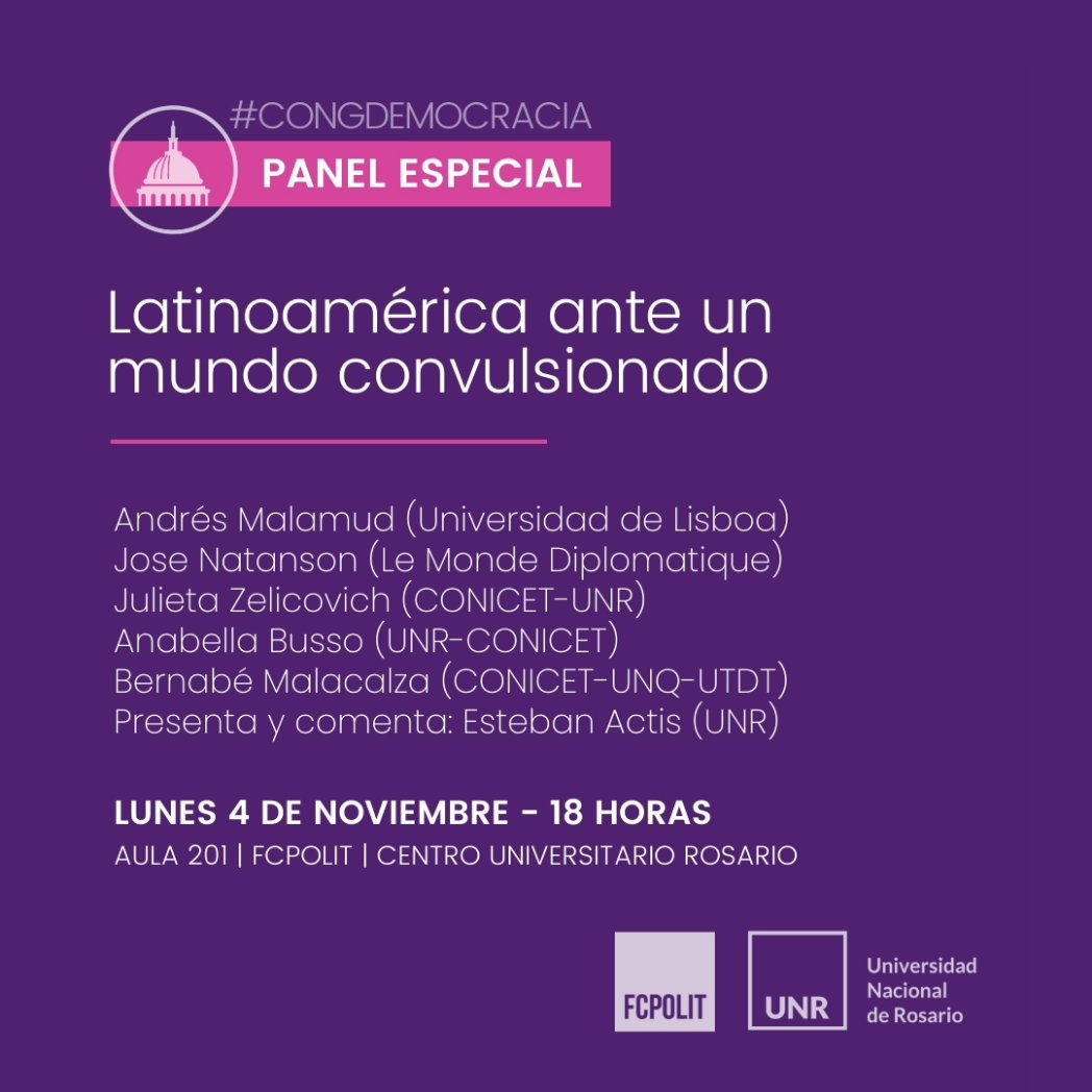 Les acercamos las actividades destacadas del primer día del <a href="/CongDemocracia/">Congreso Sobre Democracia</a> 

🔸️Sinergias institucionales para el desarrollo turístico de la región - 15hs

🔸️La cooperación financiera en el contexto argentino - 16hs

🔸️Latinoamérica ante un mundo convulsionado - 18hs