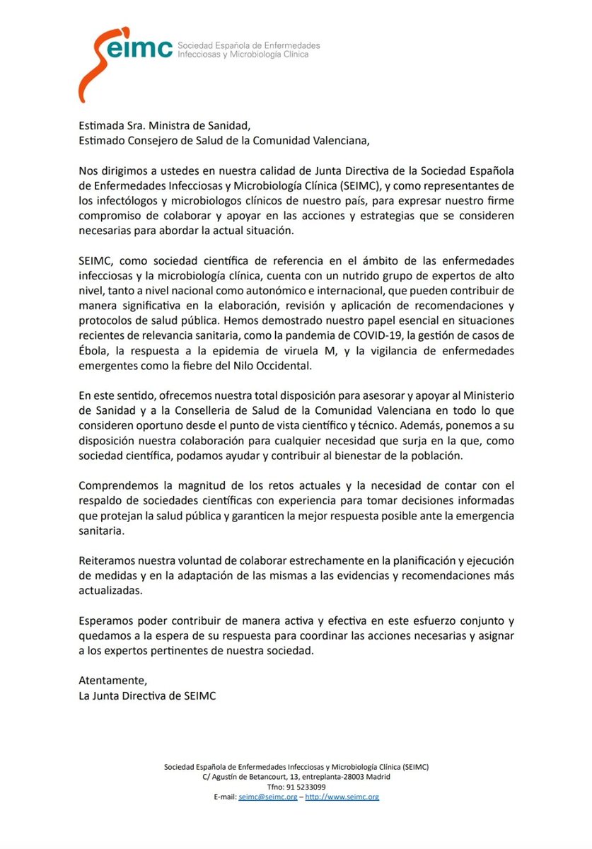 SEIMC (@seimc_) on Twitter photo La Junta Directiva de <a href="/SEIMC_/">SEIMC</a> se pone a disposición de <a href="/sanidadgob/">Ministerio de Sanidad</a> y <a href="/GVAsanitat/">GVA Sanitat</a> para asesoramiento y apoyo en #microbiologiaclinica y #enfermedadesinfecciosas, así como cualquier otra necesidad en la que <a href="/SEIMC_/">SEIMC</a> pueda servir de apoyo en la situacion generada por la #DanaEspaña La Junta Directiva de <a href="/SEIMC_/">SEIMC</a> se pone a disposición de <a href="/sanidadgob/">Ministerio de Sanidad</a> y <a href="/GVAsanitat/">GVA Sanitat</a> para asesoramiento y apoyo en #microbiologiaclinica y #enfermedadesinfecciosas, así como cualquier otra necesidad en la que <a href="/SEIMC_/">SEIMC</a> pueda servir de apoyo en la situacion generada por la #DanaEspaña