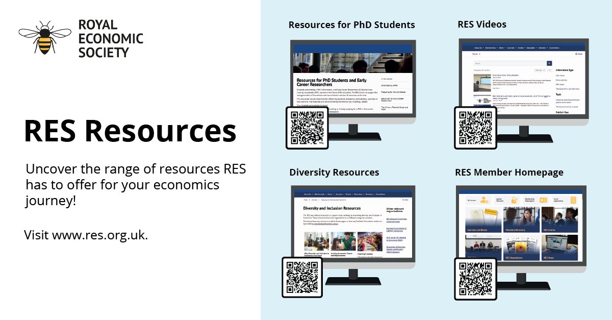 RoyalEconSoc's tweet photo. 📚Did you know that RES has a range of #resources ready to help with your #economics journey?

Discover our training and webinars, along with our videos, #PhDresources and #diversity resources.

👉https://t.co/hxYiC2YGxY
#RESMember homepage👉https://t.co/RfNunS6MtD

#EconTwitter https://t.co/8VN4BdF47W