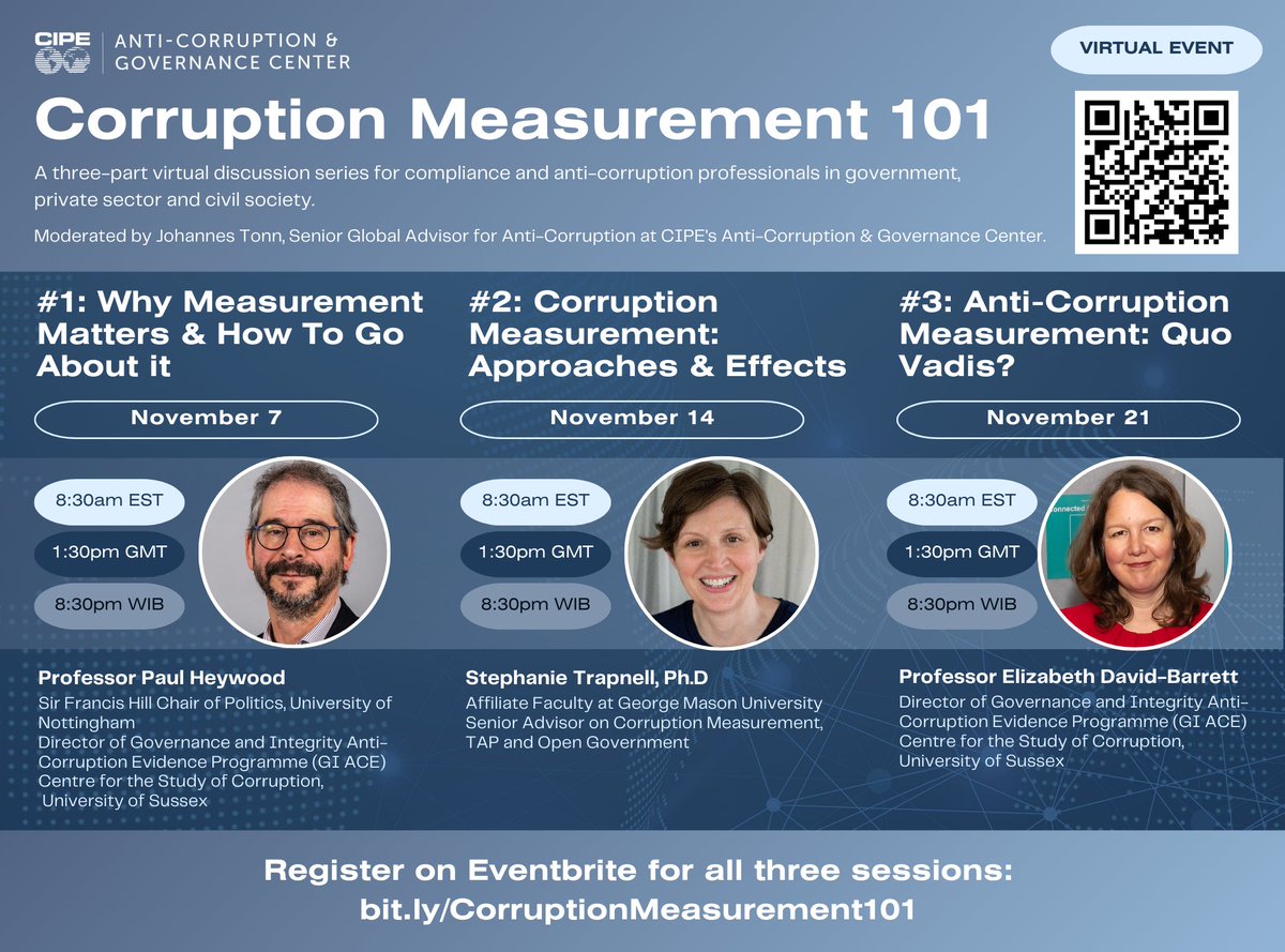 How do we measure #corruption?

This question has been top of mind for <a href="/johntonn/">Johannes Tonn (JT)</a> at <a href="/CIPE_ACGC/">Anti-Corruption & Governance Center @ CIPE</a> 

So, he put together a 3-part series with some of the leading minds on the issue - <a href="/LizDavidBarrett/">Prof Liz David-Barrett</a>, <a href="/pmheywood/">Paul M Heywood</a>, <a href="/setrapnell/">Stephanie Trapnell</a> 

Tune in Nov. 7th at 0830 EST.

eventbrite.com/e/corruption-m…
