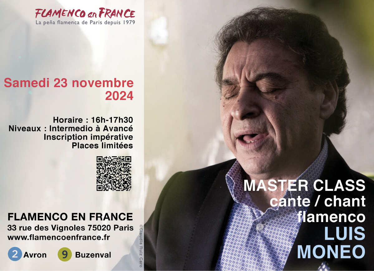 A l'occasion des deux récitals qu'il donnera les 22 et 23 novembre à Flamenco en France, Luis Moneo nous gratifiera d'une master class de cante ! 

Samedi 23 novembre de 16h à 17h30

helloasso.com/associations/f…