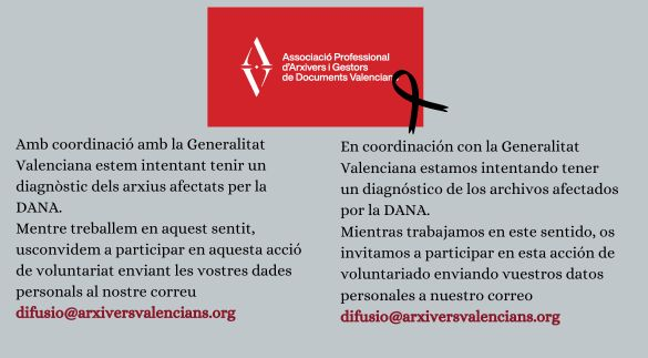 🚨AJUDA ALS ARXIUS🚨

📢 Davant els danys de la DANA, organitzem un voluntariat per diagnosticar els arxius afectats. Busquem professionals en arxivística que vulguen contribuir.

⚠️ Avaluarem necessitats i distribuirem voluntaris segons capacitats. Si t'interessa, contacta'ns!