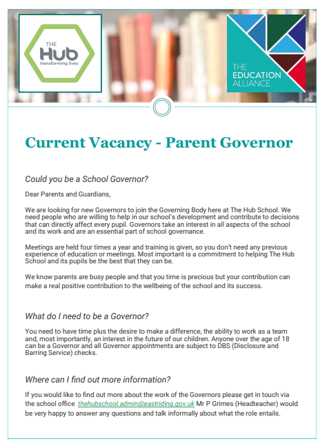 TheHubSchoolER's tweet photo. We are looking for new Parent Governors to join The Hub, if interested please see further details below: https://t.co/pVv48oVZtZ