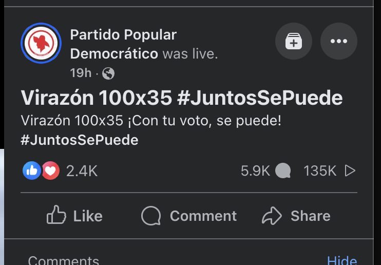 juancpedreira's tweet photo. Los cuatro Facebook Live de los cierres de campaña

PPD: 135 mil views | 2.4K likes
PNP: 67 mil views | 2K likes
Proyecto Dignidad: 28 mil views | 1.9K likes
Alianza: 735 mil views | 21K likes https://t.co/J12UHWERsA