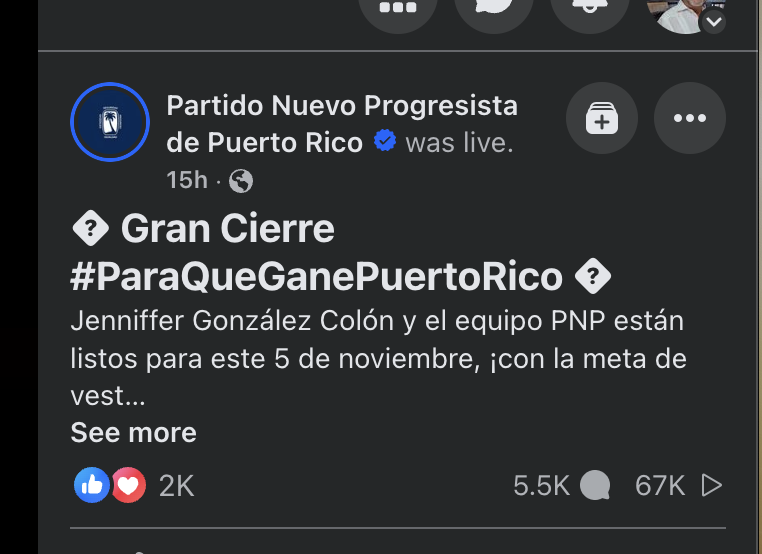 juancpedreira's tweet photo. Los cuatro Facebook Live de los cierres de campaña

PPD: 135 mil views | 2.4K likes
PNP: 67 mil views | 2K likes
Proyecto Dignidad: 28 mil views | 1.9K likes
Alianza: 735 mil views | 21K likes https://t.co/J12UHWERsA