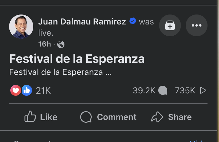 juancpedreira's tweet photo. Los cuatro Facebook Live de los cierres de campaña

PPD: 135 mil views | 2.4K likes
PNP: 67 mil views | 2K likes
Proyecto Dignidad: 28 mil views | 1.9K likes
Alianza: 735 mil views | 21K likes https://t.co/J12UHWERsA