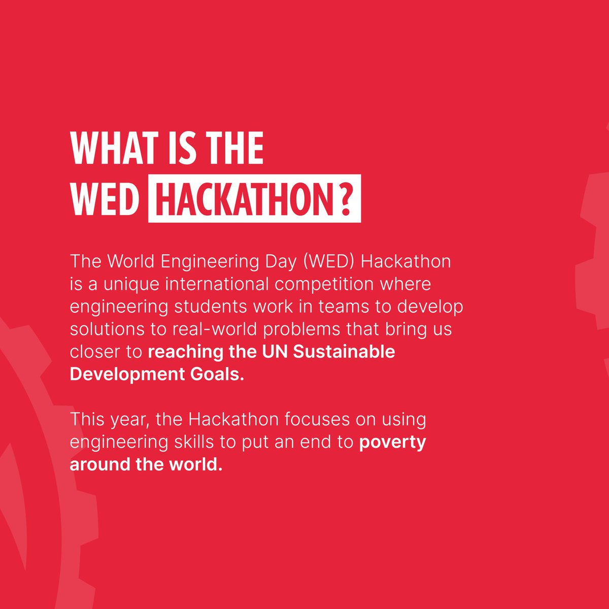 wfeo's tweet photo. Letโs end poverty | World Engineering Day Hackathon 2025!
Put your engineering skills to the test in the worldโs largest engineering hackathon
Free registration on https://t.co/K7LSO9M3YL
#WorldEngineeringDay #Hackathon2025 #ThisYearWeTurnRed #UNESCO #EngineersWithoutBorders https://t.co/PvQYMhyh83