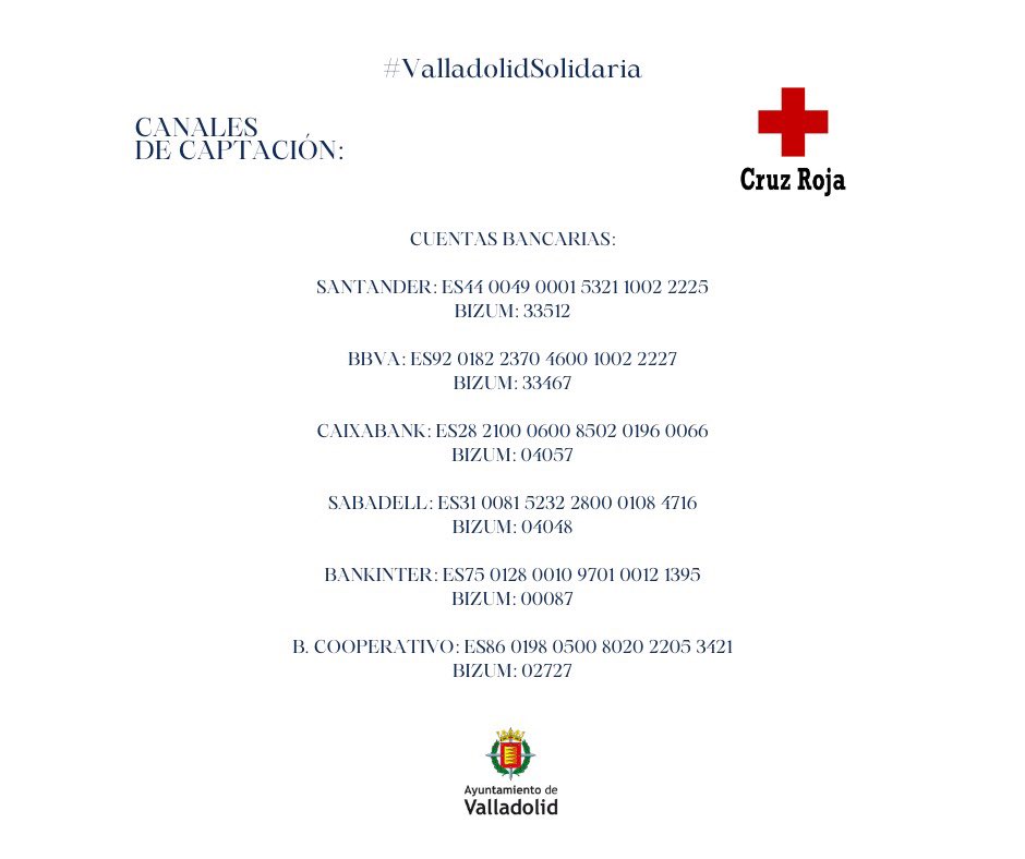 En caso de que no se pueda acudir a los centros de donaciones, se han habilitado desde Cruz Roja y otras entidades formas de donaciones económicas. 
Aquí os dejamos las de <a href="/CruzRojaEsp/">Cruz Roja Española</a> <a href="/cruzrojava/">Cruz Roja en Valladolid</a> 
Muchas gracias.🙏🏼