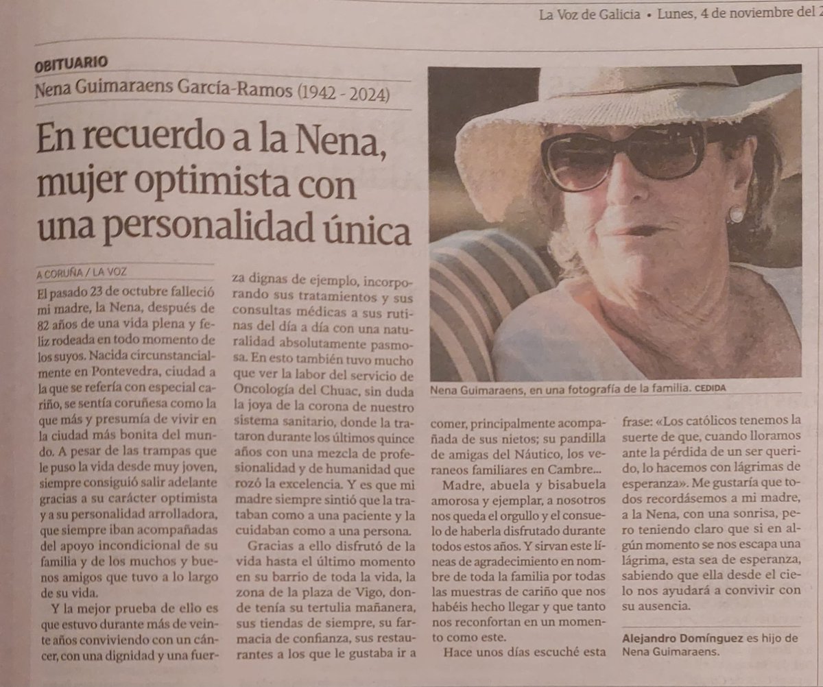 Hace unos días falleció mi abuela Nena, una de las personas más importantes y que más he querido en mi vida. 
Una mujer única y espectacular, y los que tuvieron la suerte de conocerla saben que no exagero ni un poquito.

Mi padre, <a href="/AleguimaD/">ale d. guimaraens</a>, le dedica este recuerdo en La Voz ❤️