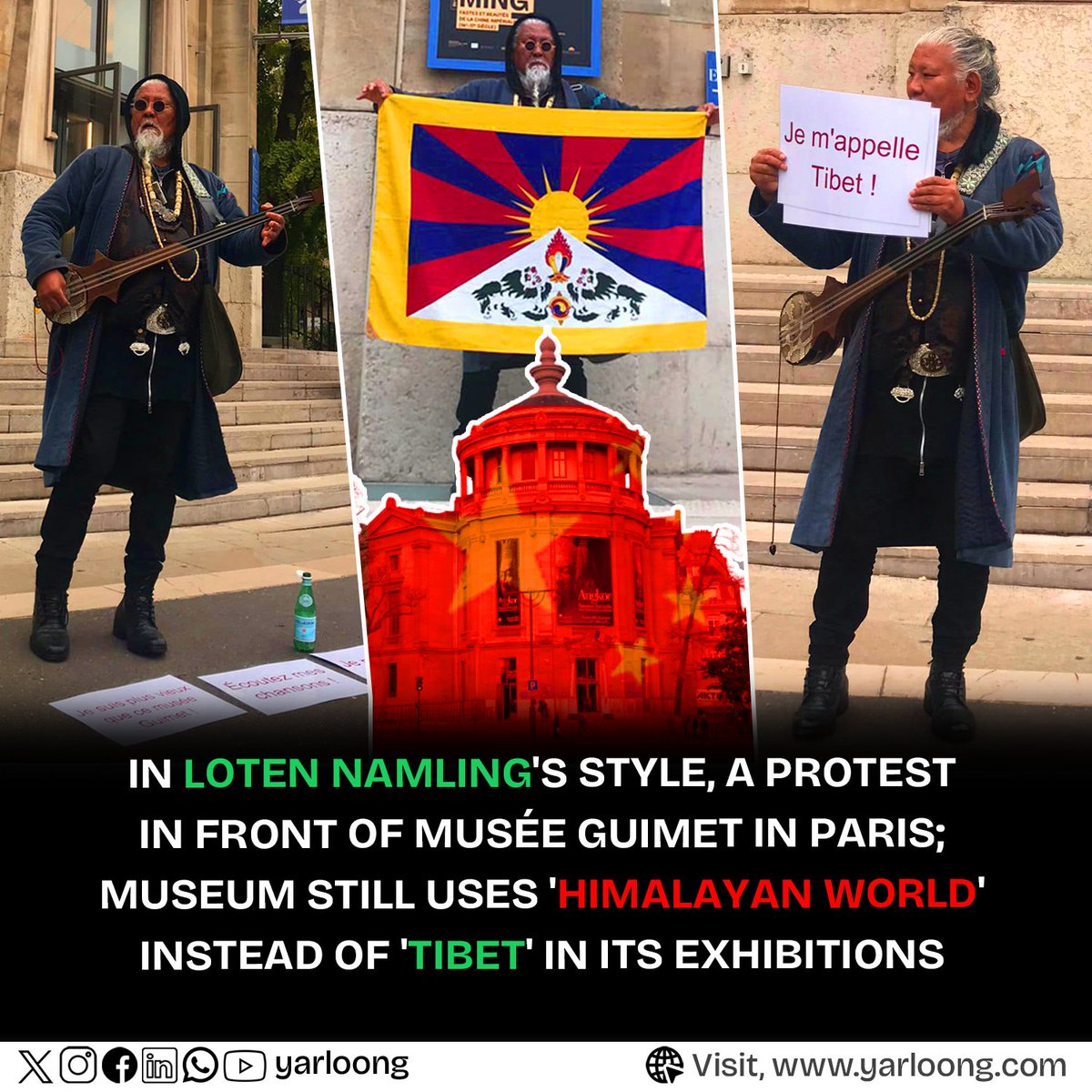 ✊🏽 On Oct 31, 2024, #Tibetan artist Loten Namling carried out a lone protest in front of <a href="/MuseeGuimet/">Musée Guimet</a> in Paris. He expressed his frustration on social media, writing: "In front of the infamous museum of Paris! #China’s dirty old tricks playing on French wh***s of Musée Guimet!"