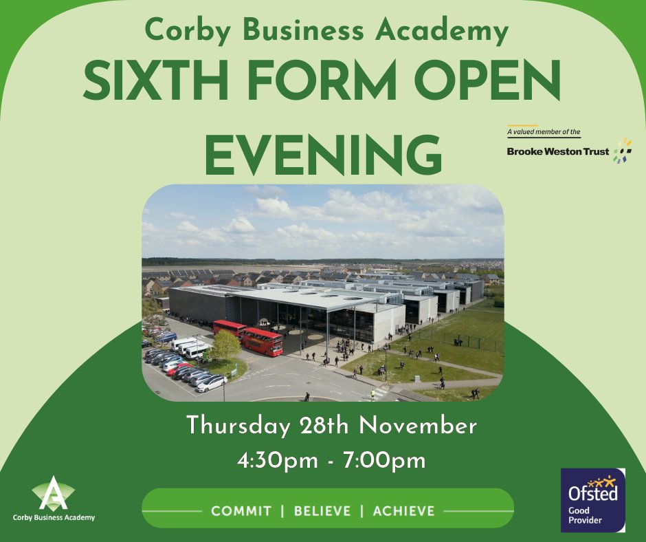 Corby Business Academy (@corbybusinessac) on Twitter photo We are looking forward to welcoming students and their families to our Sixth Form Open Evening on Thursday 28th November.
More information to follow.
#CommitBelieveAchieve #BeTheDifference <a href="/BWTrust/">Brooke Weston Trust</a> We are looking forward to welcoming students and their families to our Sixth Form Open Evening on Thursday 28th November.
More information to follow.
#CommitBelieveAchieve #BeTheDifference <a href="/BWTrust/">Brooke Weston Trust</a>