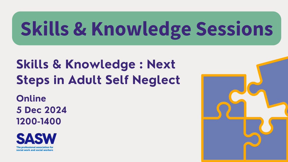ScotsSW's tweet image. Join us on 5 Dec, 12:00 - 13:00 for Next Steps – Adult Self Neglect, the final event in our Skills and Knowledge series. SASW members, take advantage of a free place! 🙌
👉 Book now via the link buff.ly/3YJvE9E
Or email us at scotland@basw.co.uk
#AdultSupport