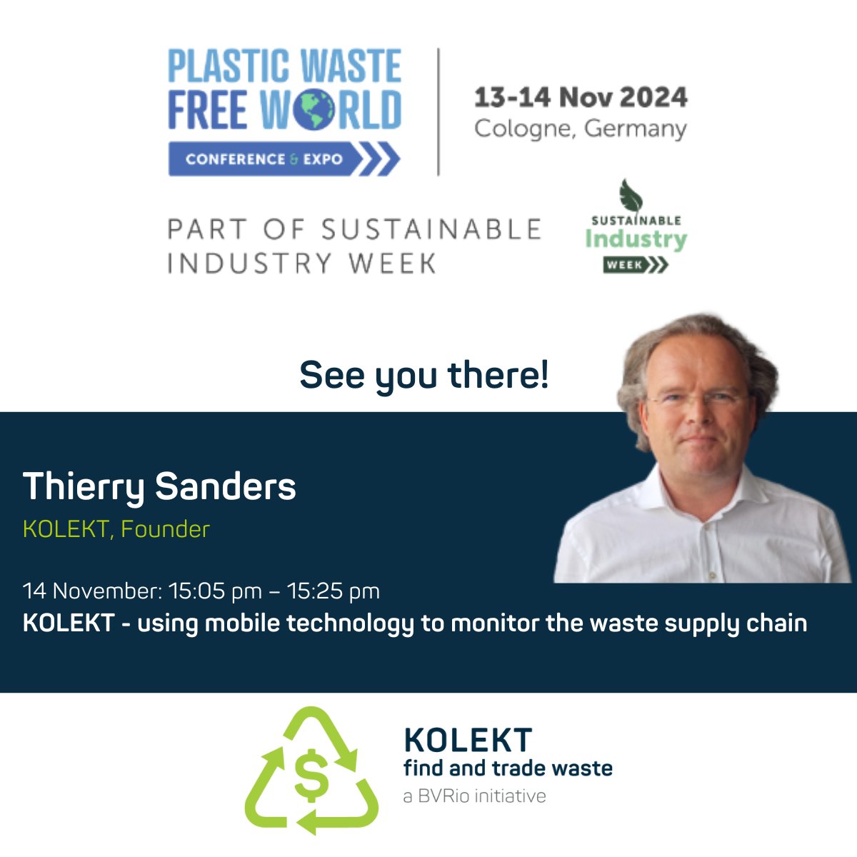 Attending <a href="/PlasticFreeExpo/">Plastic Waste Free World Conference & Expo Europe</a> in Germany next week? Make sure you schedule this session into your diary:

Thierry Sanders speaking about the innovative KOLEKT waste management system on Thursday 14 November 15:05 pm – 15:25 pm

kolekt.com

#wastemanagement #recycling