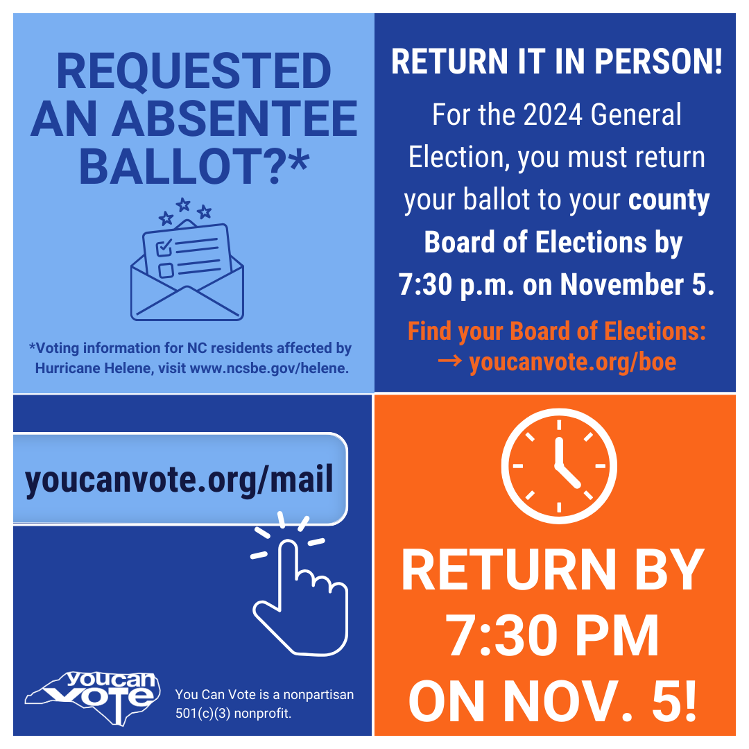 ncnonprofits's tweet photo. If your nonprofit has been helping voters with absentee ballots, encourage them to find their County Board of Elections and drop it off ASAP! Ballots must be turned in by 7:30 p.m. TOMORROW, November 5. #NCVotes

Locate Boards of Elections: https://t.co/y6JEZ9TN3P https://t.co/Zj5EnA6bEi