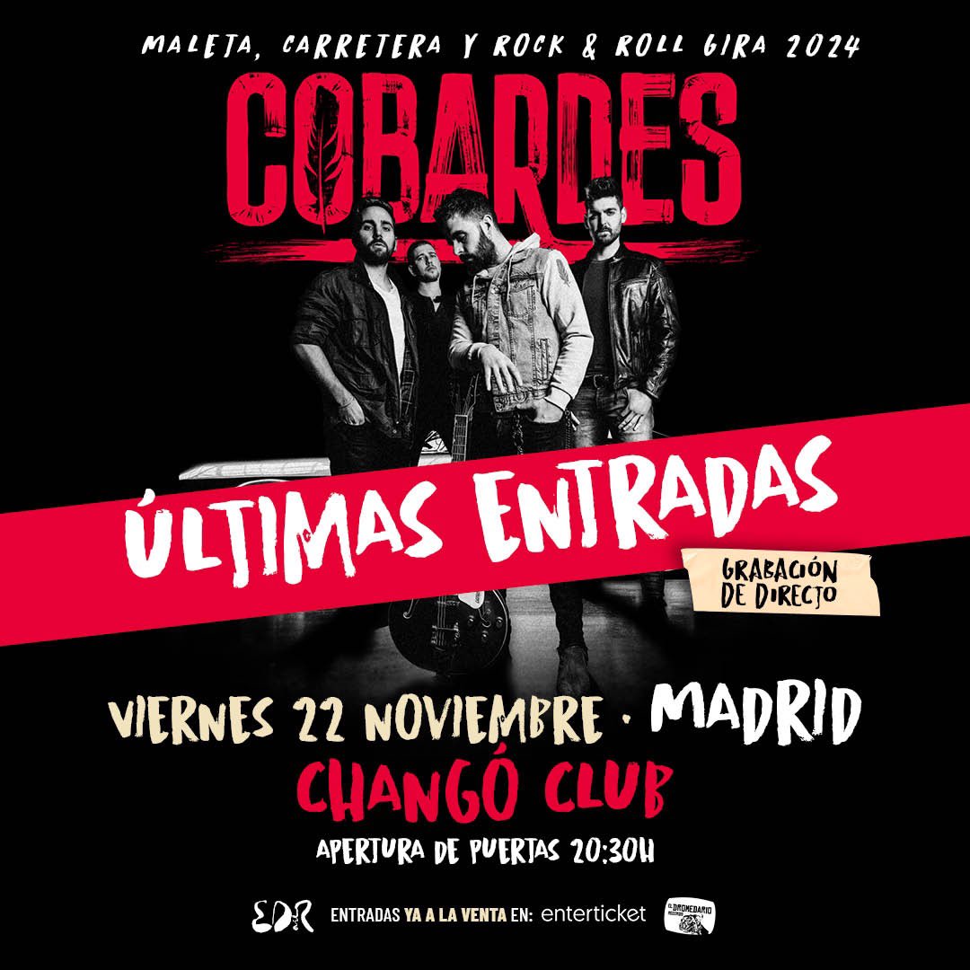 Madrid, esto está que arde. 🔥
Las últimas paradas de la gira están siendo noches mágicas cargadas de emoción, ¡¡y queremos inmortalizarlas!!

Animaos a venir y a regalarnos vuestra mejor sonrisa para el recuerdo.🖤

Últimas entradas aquí: enterticket.es/eventos/cobard…
