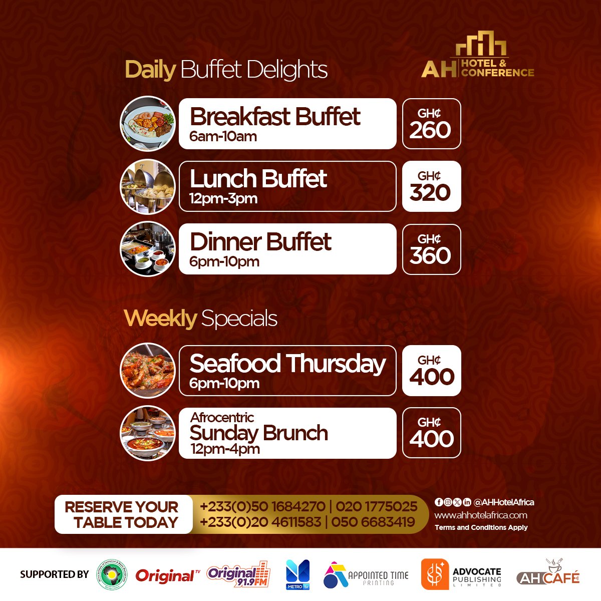 AHHotelAfrica_'s tweet photo. Looking for delicious, all-you-can-eat options? 

Start your day with a hearty breakfast, enjoy a satisfying lunch, or wind down with a delightful dinner buffet.  

Call/Whatsapp: +233(0)50 1684270 or +233(0)20 4611583

#BuffetDelights #BreakfastBuffet #LunchBuffet #DinnerBuffet https://t.co/A13cp3JJJ0