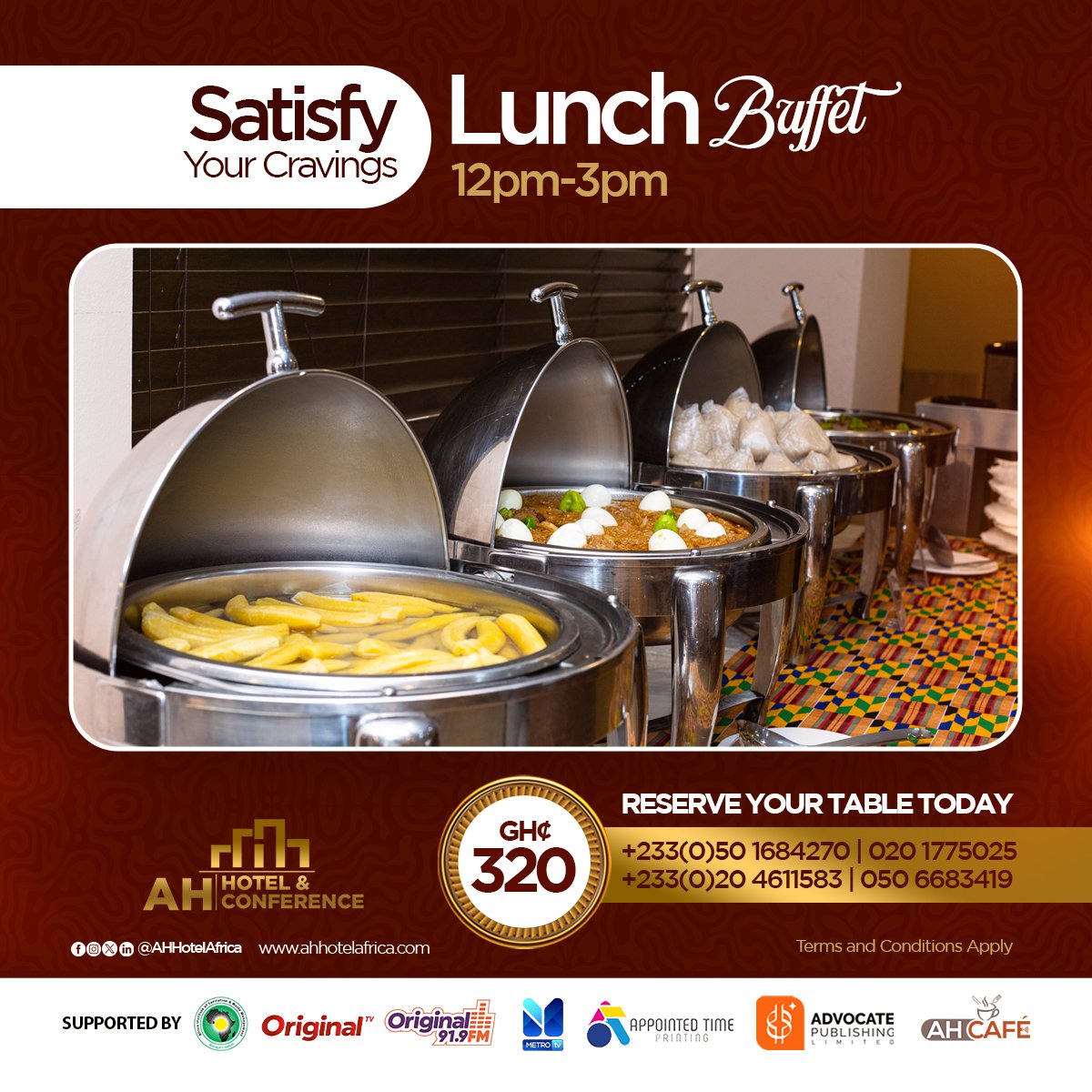 AHHotelAfrica_'s tweet photo. Looking for delicious, all-you-can-eat options? 

Start your day with a hearty breakfast, enjoy a satisfying lunch, or wind down with a delightful dinner buffet.  

Call/Whatsapp: +233(0)50 1684270 or +233(0)20 4611583

#BuffetDelights #BreakfastBuffet #LunchBuffet #DinnerBuffet https://t.co/A13cp3JJJ0