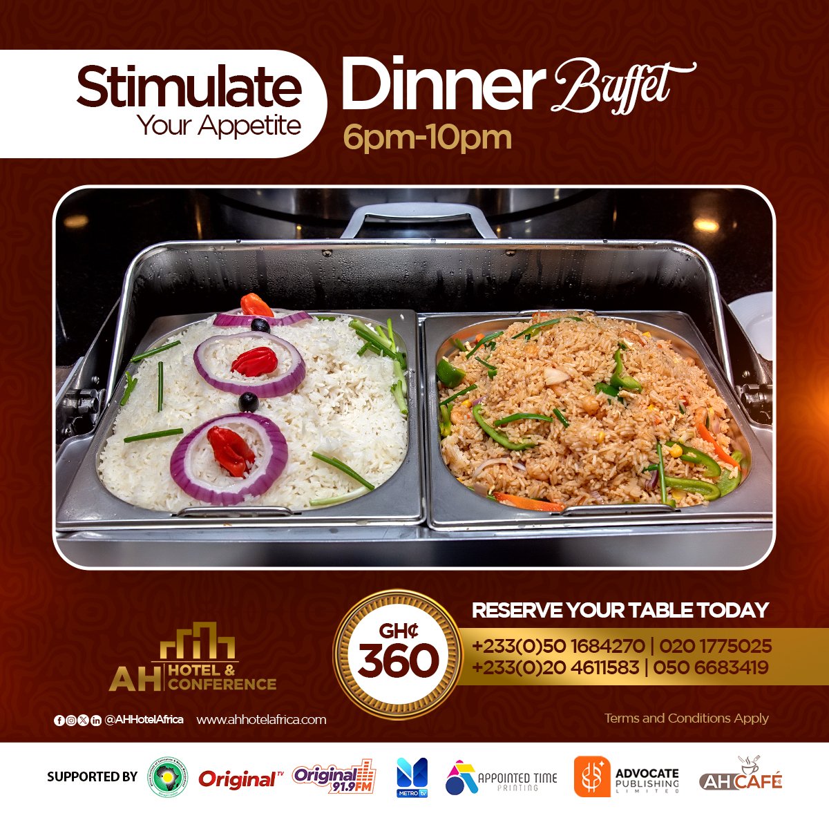 AHHotelAfrica_'s tweet photo. Looking for delicious, all-you-can-eat options? 

Start your day with a hearty breakfast, enjoy a satisfying lunch, or wind down with a delightful dinner buffet.  

Call/Whatsapp: +233(0)50 1684270 or +233(0)20 4611583

#BuffetDelights #BreakfastBuffet #LunchBuffet #DinnerBuffet https://t.co/A13cp3JJJ0