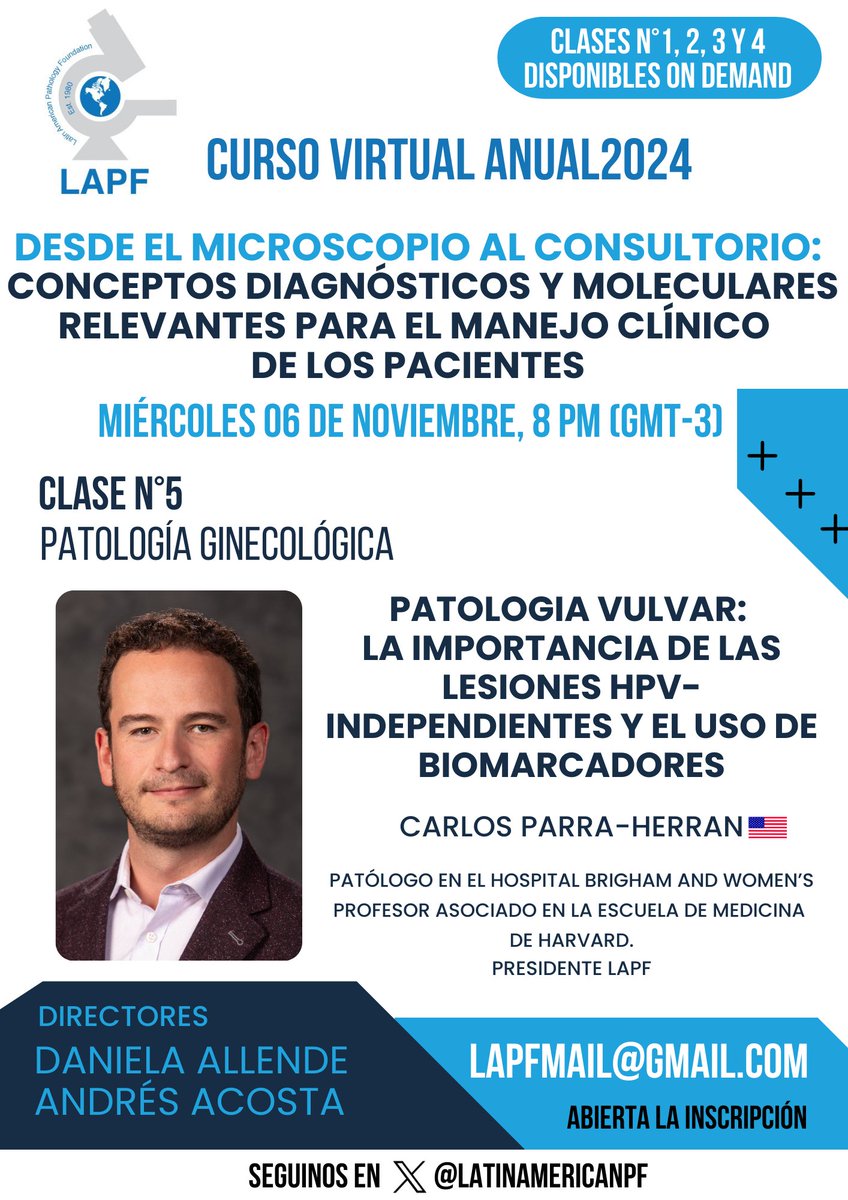 📌¡Retomamos las trasmisiones en vivo #cursovirtualLAPF! 
✅clase N°5: Patología Ginecológica <a href="/CPHpath/">Carlos Parra-Herran MD</a> 
🗓️ miércoles 06 de noviembre, 8 ARG/URU (GMT-3)
¡Los esperamos!
<a href="/Allende_DS/">Daniela Allende, MD MBA</a> <a href="/Andres_M_Acosta/">Andres Martin Acosta (Andy)</a>