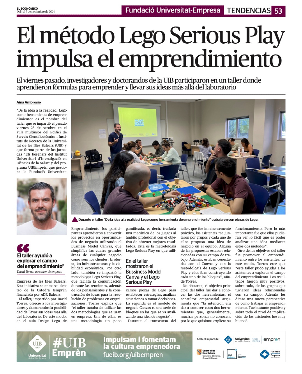 FUEIB (@fueib) on Twitter photo Com convertir una idea en realitat?
Investigadors i doctorands de la <a href="/UIBuniversitat/">Universitat de les Illes Balears - UIB</a> han participat en el taller «De la idea a la realitat: Lego com a eina d'emprenedoria». David Torres explica els detalls al reportatge d’ <a href="/ElEconomicoUH/">El Económico</a> .
📰bit.ly/3YHHctZ Com convertir una idea en realitat?
Investigadors i doctorands de la <a href="/UIBuniversitat/">Universitat de les Illes Balears - UIB</a> han participat en el taller «De la idea a la realitat: Lego com a eina d'emprenedoria». David Torres explica els detalls al reportatge d’ <a href="/ElEconomicoUH/">El Económico</a> .
📰bit.ly/3YHHctZ
