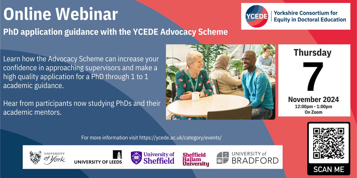 Join us for a webinar on the YCEDE Advocacy Scheme this week - hear from applicants and academics involved in the scheme. Find your PhD project and prepare for application and interview.
ycede.ac.uk/phd-applicatio…
Apply before Nov 15th for 1:1 PhD application mentoring.
