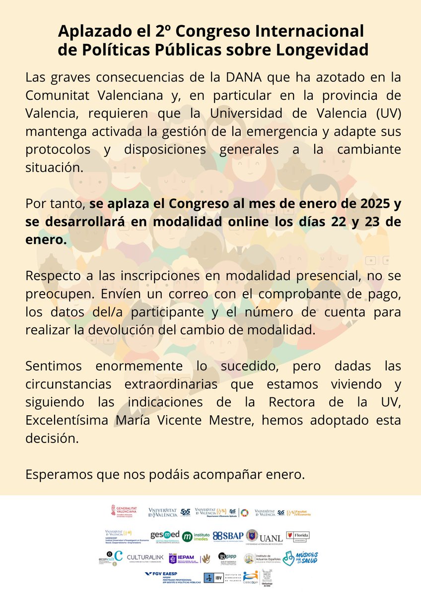 ‼️Aplazado el 2º Congreso Internacional de Políticas Públicas sobre Longevidad