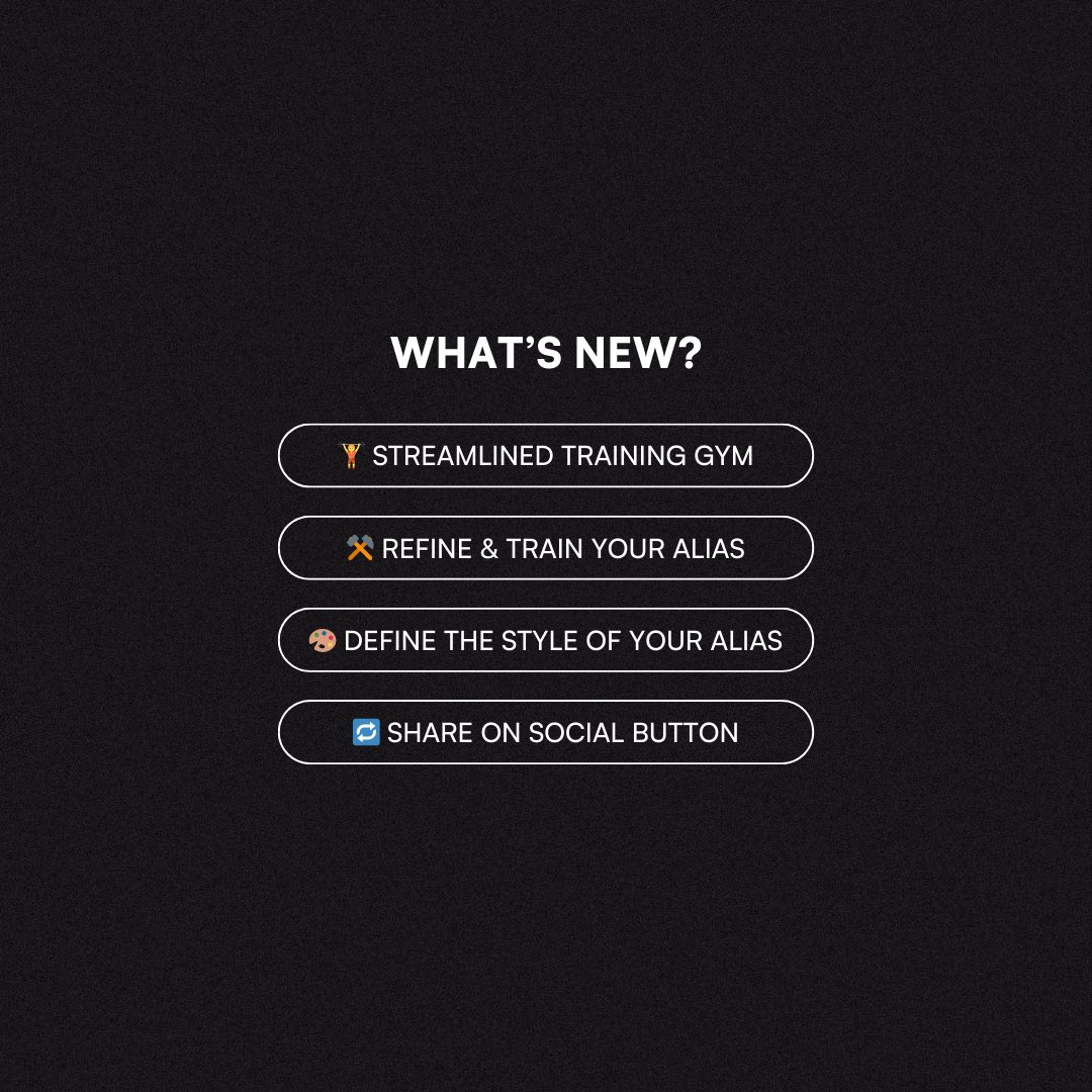 alienintelai's tweet photo. New on Alias! 🚀 Our AI Studio just got an upgrade — it’s now even easier to create your models. Plus, share your Alias with your community on social with our new share button! Try it out and let us know what you think. https://t.co/9wIcKLqFvo

#ProductUpdate #AliasStudio #GenAI https://t.co/pSHtvhuKep
