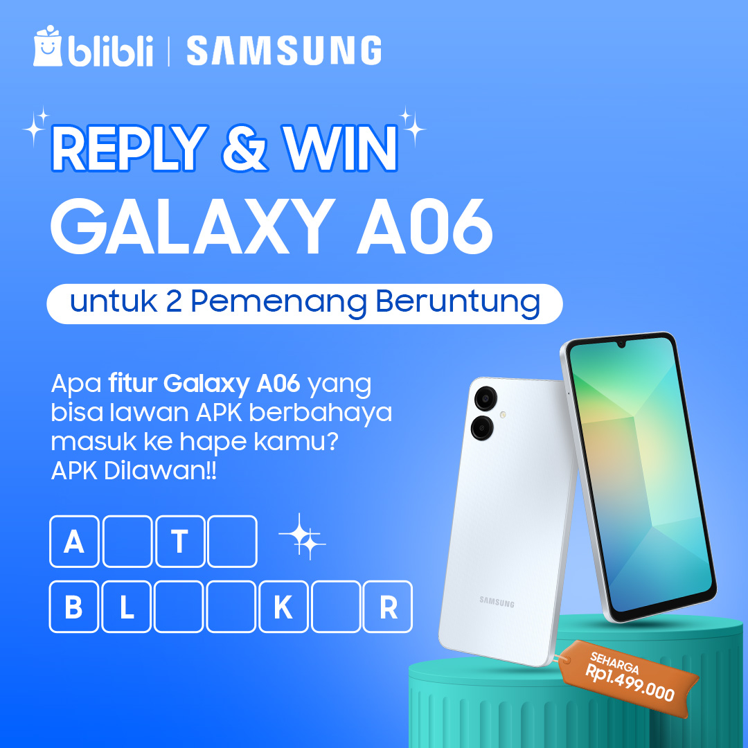 bliblidotcom's tweet photo. 📣 GIVEAWAY HP!
Mau #BliMinBeliin 2 Galaxy A06 dari @samsungID buat 2 pemenang secara ✨𝑔𝑟𝑎𝑡𝑖𝑠✨?? Cus ikutan👇

1. Follow @bliblidotcom & @samsungID
2. RT & LIKE tweet ini
3. Reply dengan jawaban kamu + hashtag #GalaxyA06 #PastiBeneranAman #GalaxyA06xBlibli sebanyak-banyaknya~
4. 2 Pemenang Acak. Periode: 4-30 November 2024

Gas rameinn gess!👇