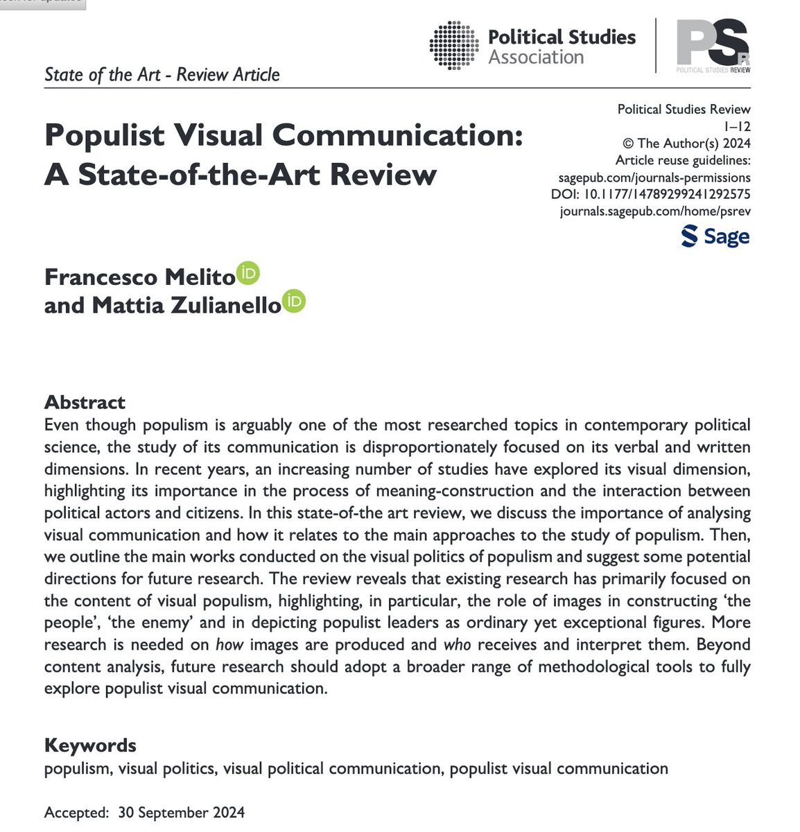 Mattia Zulianello (@zulianello_m) on Twitter photo 🔥 New article alert! 🔥
<a href="/melitofra/">Francesco Melito</a> and I explore the literature on populist visual communication and identify some directions for future research.
journals.sagepub.com/doi/epub/10.11… 🔥 New article alert! 🔥
<a href="/melitofra/">Francesco Melito</a> and I explore the literature on populist visual communication and identify some directions for future research.
journals.sagepub.com/doi/epub/10.11…