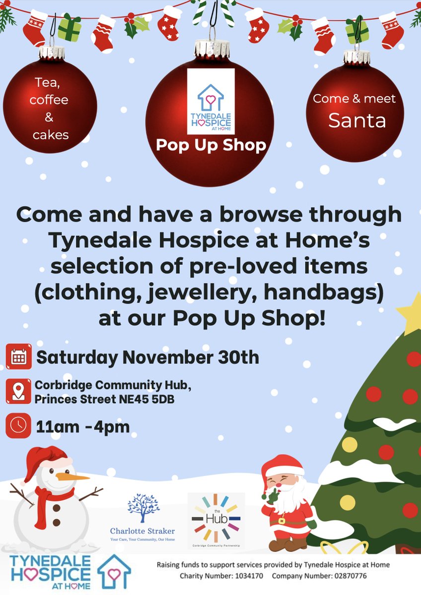 A great Saturday Nov 30 in Corbridge with the Christmas Tree Festival ongoing (9:30am to 6pm), the Corbridge Youth Initiative Christmas Fair at the Parish Hall (10am to 2pm) and the Tynedale Hospice At Home Pop Up Shop plus Santa at the Corbridge Community Hub (11am to 4pm).