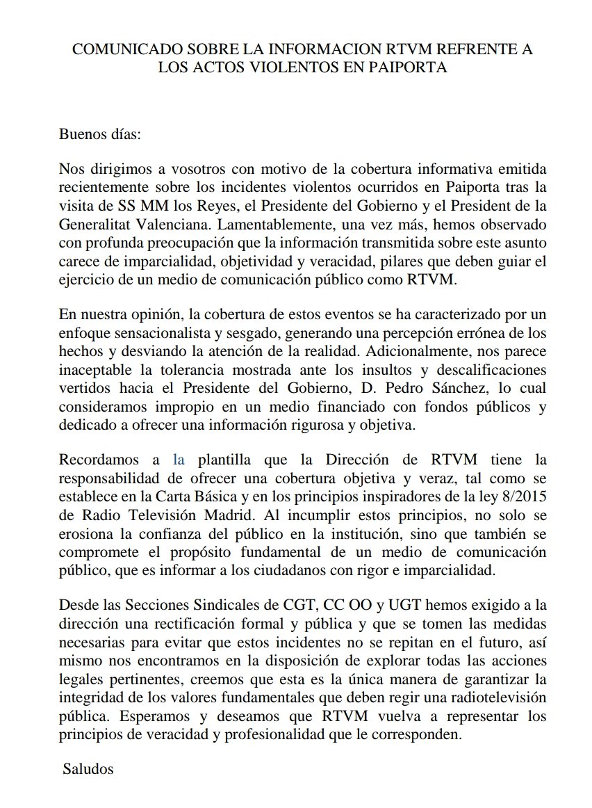 Comunicado sobre el tratamiento informativo de Telemadrid referente a los actos violentos en Paiporta.
Telemadrid, como televisión pública, se debe a tod@s l@s ciudadanos y debe regirse por los principios de  imparcialidad, objetividad y veracidad.