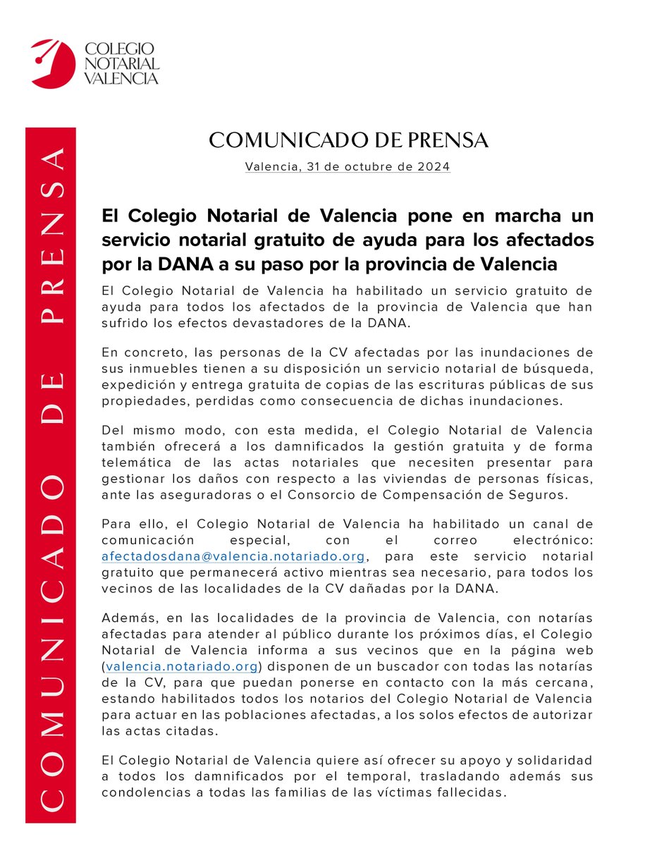 Notarios_ES's tweet photo. 🔴 @ColNotVal y @CNotarialCLM han puesto en marcha servicios notariales gratuitos para los afectados por la #DANA en la provincia de Valencia, Mira y Letur

ℹ️ Consulta toda la información:

Valencia 🔗https://t.co/n0W98z68Op
Castilla-La Mancha 🔗https://t.co/ejqVQQn6Gl https://t.co/RVoHnfnL1O