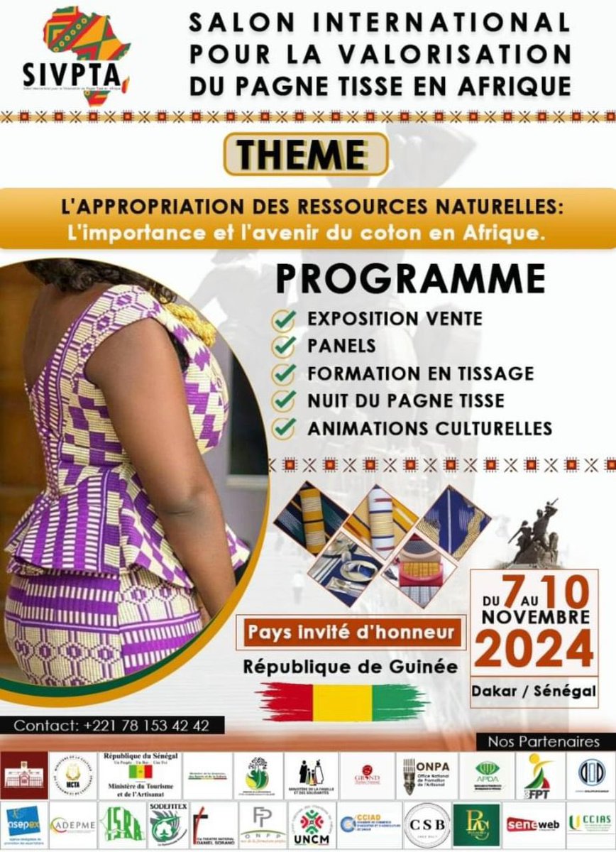 Du 7 au 10 novembre 2024, Dakar accueillera la troisième édition du Salon International pour la Valorisation du Pagne Tissé en Afrique (SIVPA).

La Guinée, invitée d’honneur de cette édition, marquera sa présence à cette prestigieuse rencontre.

#onpa #artisanat #guinee