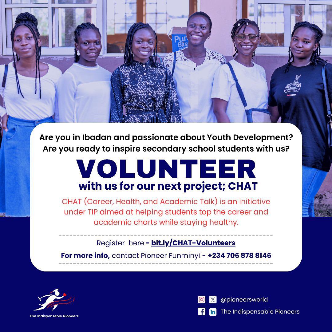 Pioneersworld's tweet photo. 📢 Call for Volunteers! 

Are you passionate about making a difference? 
Are you concerned about young people excelling?

#CHAT2024 needs you!

CHAT means Career, Health and Academic Talk, a secondary school outreach themed “The Limit is You”.

#ChattingCHAT
#TheLimitIsYou
#SDG4 https://t.co/4xYc9anAlX