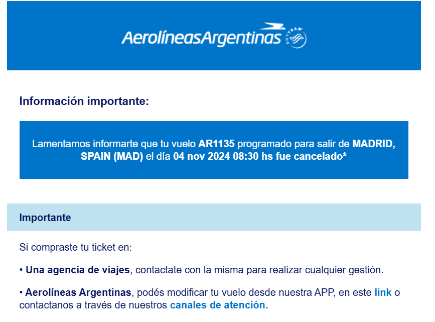 mililedesm's tweet photo. Tenía un vuelo hoy lunes 4/11 a las 08:30 con @Aerolineas_AR, trayecto Madrid - https://t.co/u6sl8uvyHl. 
El viernes 01/11 a las 22:15 me llegó este mail avisando que el vuelo estaba cancelado sin dar ningún tipo de explicación. https://t.co/jCZ7RWd4UD