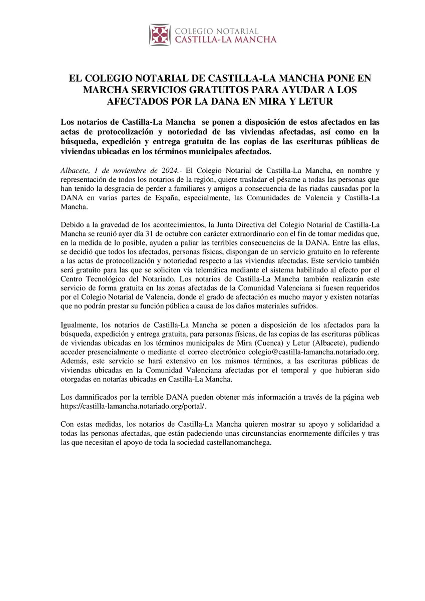 Notarios_ES's tweet photo. 🔴 @ColNotVal y @CNotarialCLM han puesto en marcha servicios notariales gratuitos para los afectados por la #DANA en la provincia de Valencia, Mira y Letur

ℹ️ Consulta toda la información:

Valencia 🔗https://t.co/n0W98z68Op
Castilla-La Mancha 🔗https://t.co/ejqVQQn6Gl https://t.co/RVoHnfnL1O