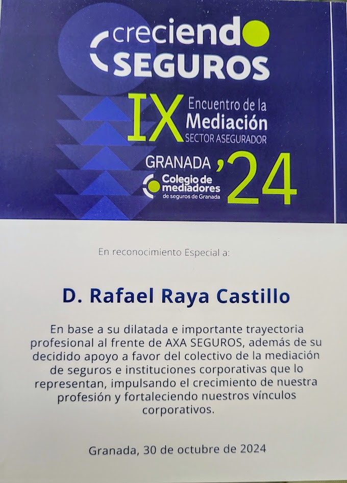 Mi más efusivo agradecimiento al <a href="/MediadorGranada/">Mediador Seguros GR</a>  por haber tenido a bien otorgarme el "reconocimiento especial" por mi trayectoria profesional, en el marco del IX Encuentro de la Mediación. Todo un honor