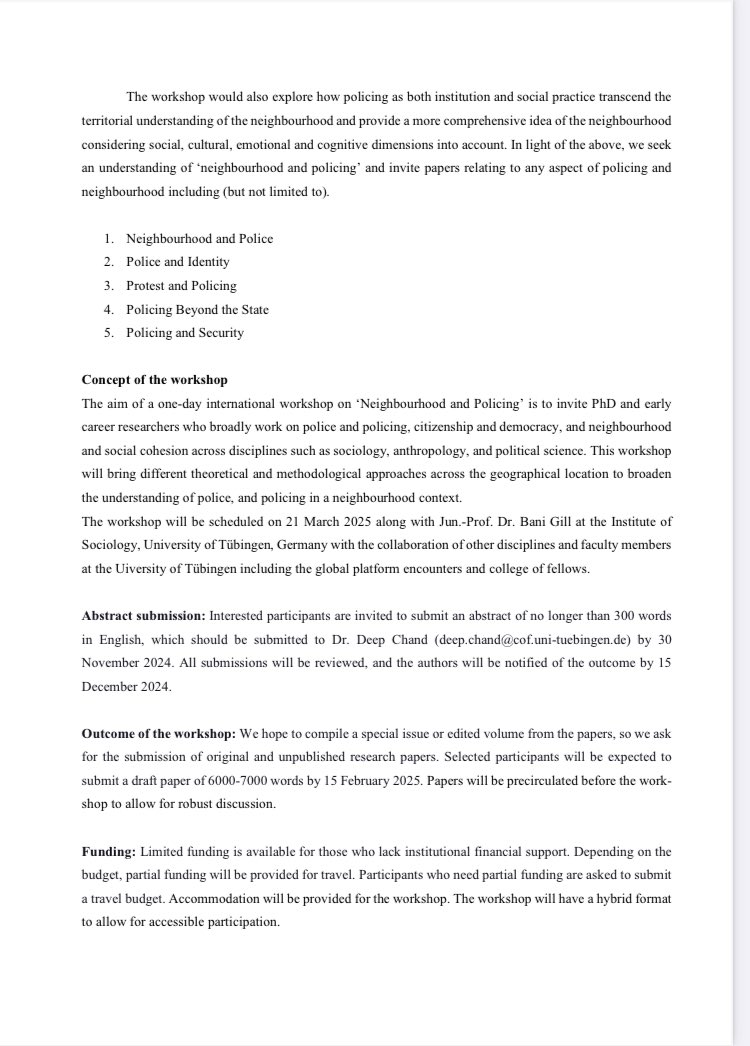 Dr. Deep Chand (@deep_chand_) on Twitter photo Hi everyone,
I am happy to inform you that I am organizing a one day international workshop on „neighbhourhood and policing „ at the <a href="/uni_tue/">Universität Tübingen</a> Germany. Interested one can submit their abstract by 30 November 2024. Hi everyone,
I am happy to inform you that I am organizing a one day international workshop on „neighbhourhood and policing „ at the <a href="/uni_tue/">Universität Tübingen</a> Germany. Interested one can submit their abstract by 30 November 2024.