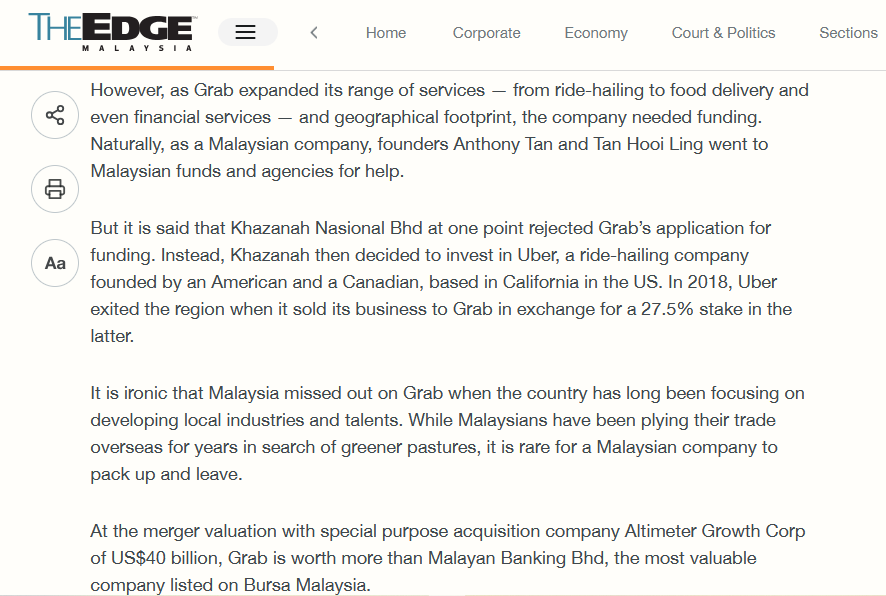 1fanmeow's tweet photo. Khazanah rejected Grab, claiming it focused on big deals not start-ups; it invested in loss-making FashionValet, claiming it supported bumi start-ups

Khazanah also invested in Uber which exited the region &amp; sold its business to Grab; Grab moved its HQ to 🇸🇬 &amp; the rest is history https://t.co/bslEdoOLqz